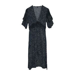 BL^NK London Maxi Dress Size‎ Small Blue Print Plunge V-Neck Button
